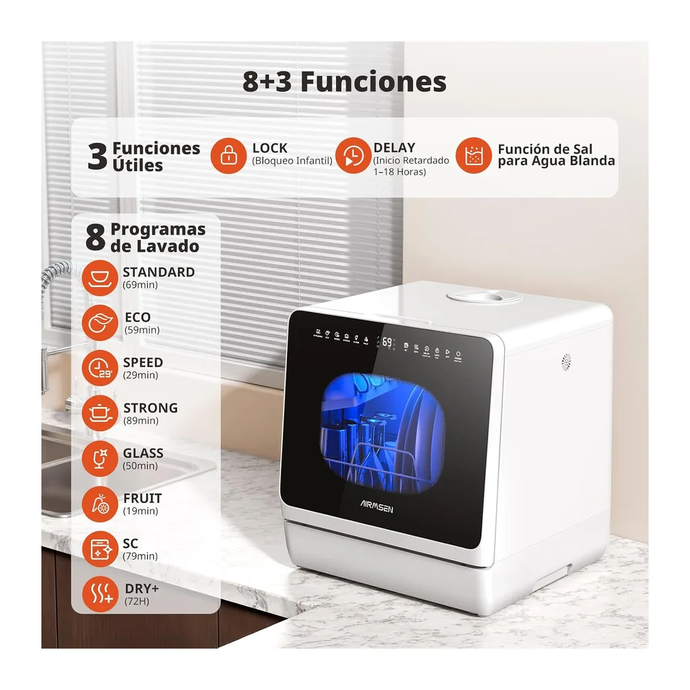 AIRMSEN Mini Lavavajillas Portátil, lavavajillas pequeño de 5L, 8+3 Programas, Inicio Diferido 1–18 h, — 2
