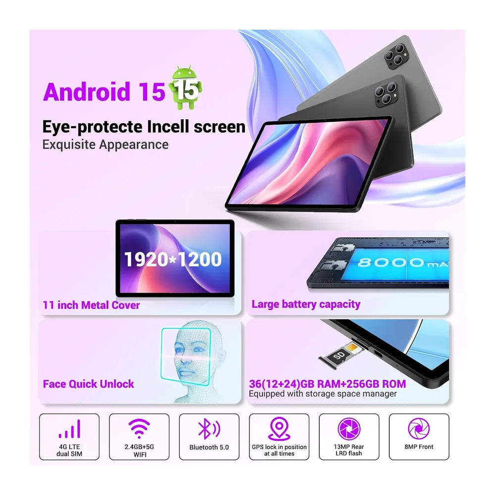 Tablet 11 Pulgadas Android 15 Tableta Gaming Octa-Core T615,4G LTE y 5G WiFi,36GB RAM+ 256GB ROM,Widevine — 2