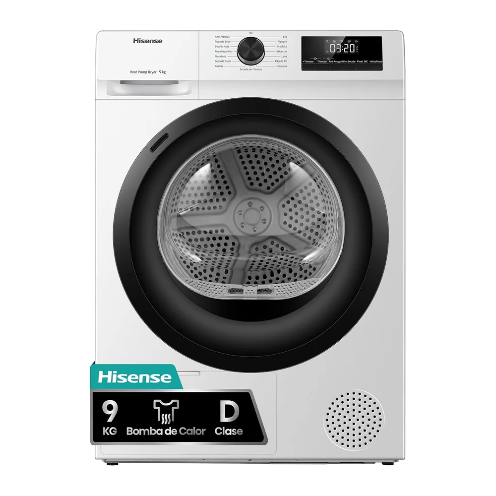 Hisense DHQE900UWDC - Secadora bomba de calor, capacidad 9 Kg, Clase D, secado rápido 30', finalización