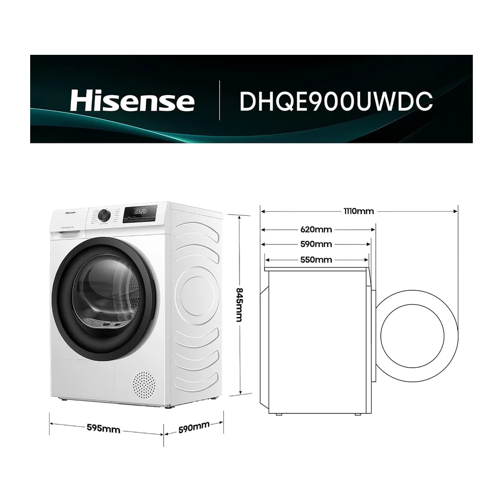 Hisense DHQE900UWDC - Secadora bomba de calor, capacidad 9 Kg, Clase D, secado rápido 30', finalización — 2