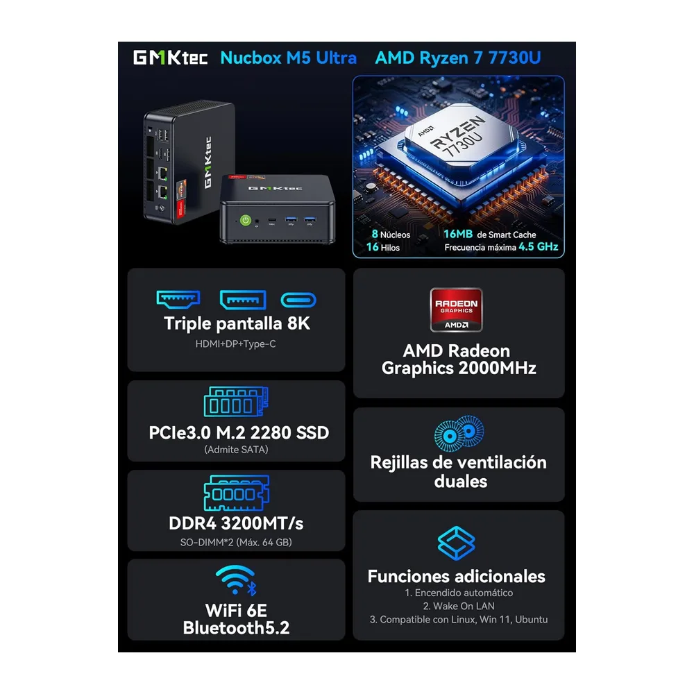 GMKtec AMD Ryzen 7 Mini PC W-11 Pro 7730U(Actualizado 7430U/ 5825U) (8 C/16 T 4,50 GHz) — 2