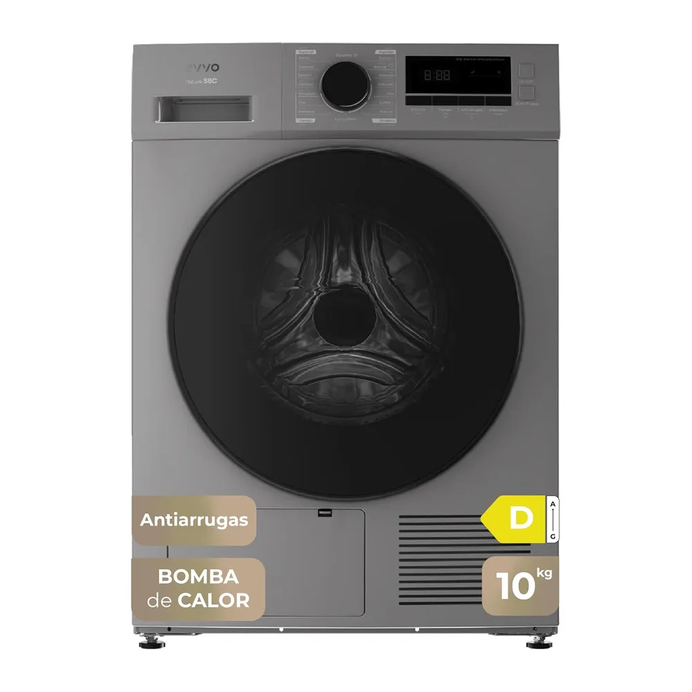 EVVO Secadora bomba de calor 10 kg S10X, Efic. Energética Clase D, Airfresh, Sensor de Humedad, Antiarrugas,