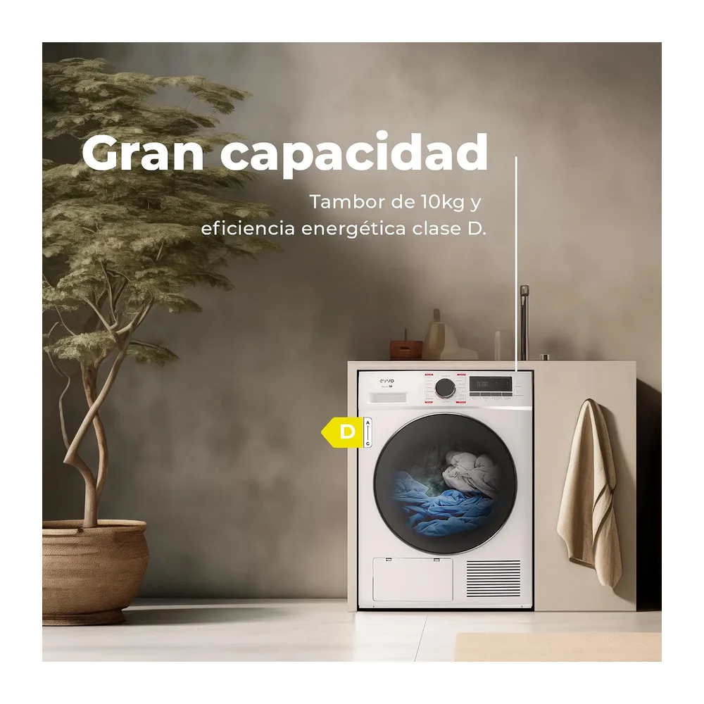 EVVO Secadora bomba de calor 10 kg S10X, Efic. Energética Clase D, Airfresh, Sensor de Humedad, Antiarrugas, — 2