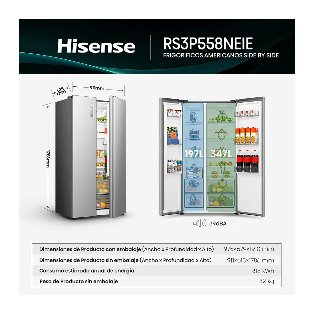 Hisense RS3P558NEIE - Frigorífico Americano Side By Side, 544L, 178.6cm, Interior Renovado, Enfriamiento — 2