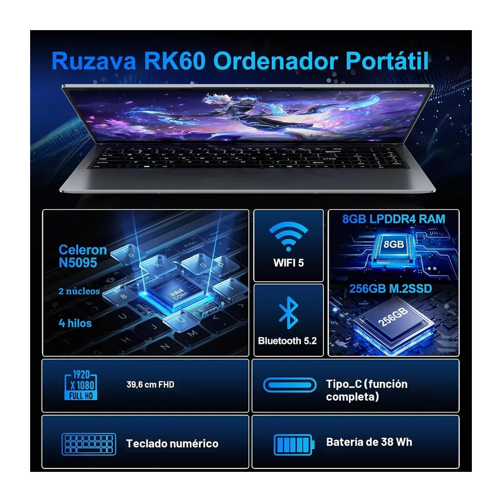 Ordenador Portátil 15,6 Pulgadas N5095 2,9 GHz Win11 Pro 8GB 256GB SSD — 2