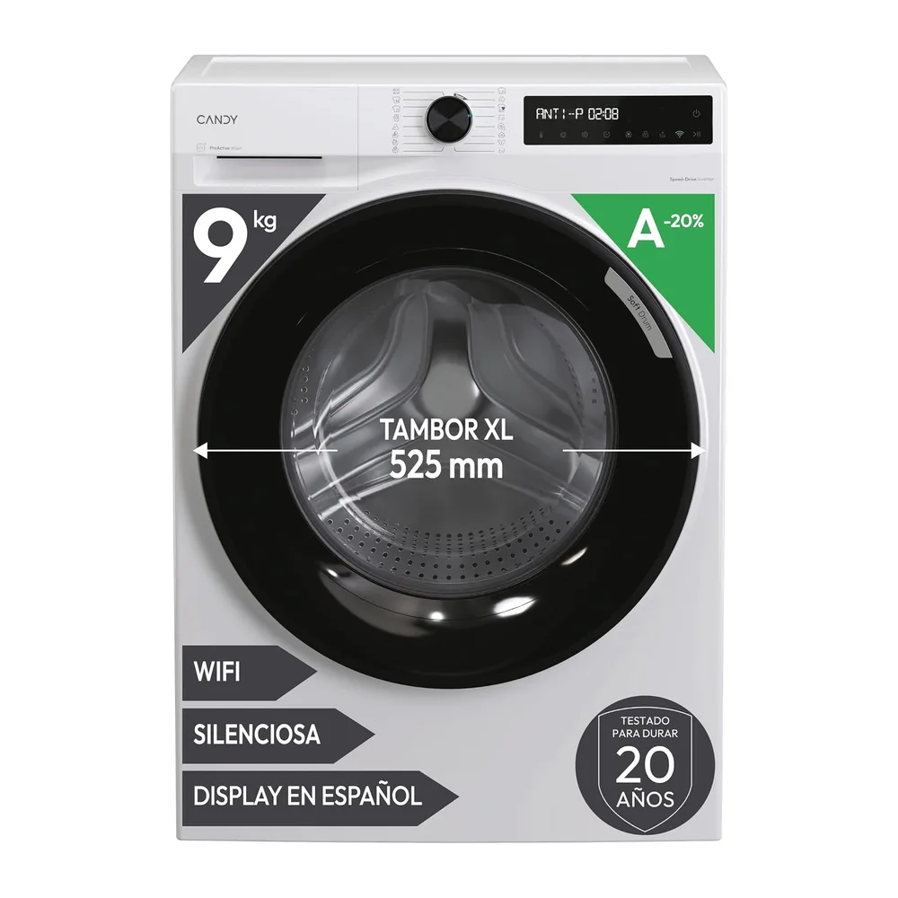 Candy ProWash 500 BR 49SBL8-S, Lavadora 9 KG, 1400 RPM, Display Digital, Conectividad WIFI, 16 Ciclos, Motor