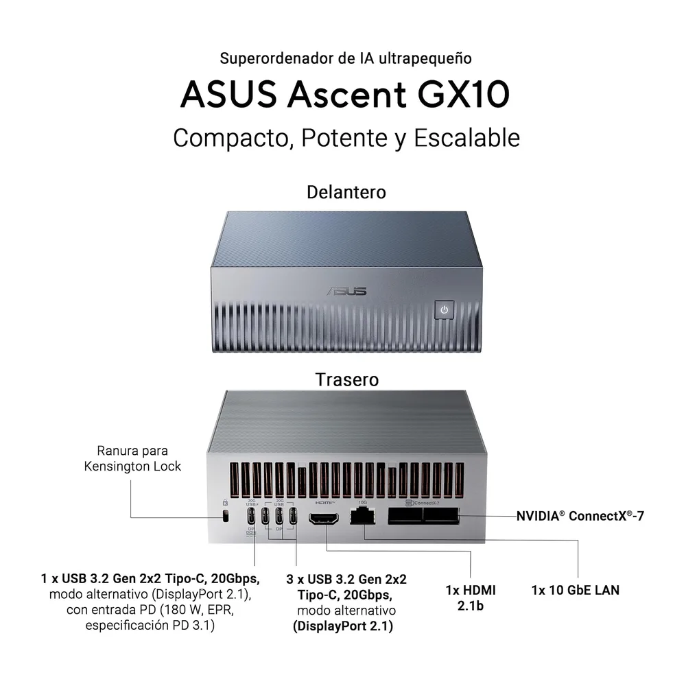 ASUS Ascent GX10 - Ordenador de sobremesa (NVIDIA GB10, NVIDIA Blackwell GPU, 128GB LPDDR5X, 1 TB SSD, NVIDIA — 3