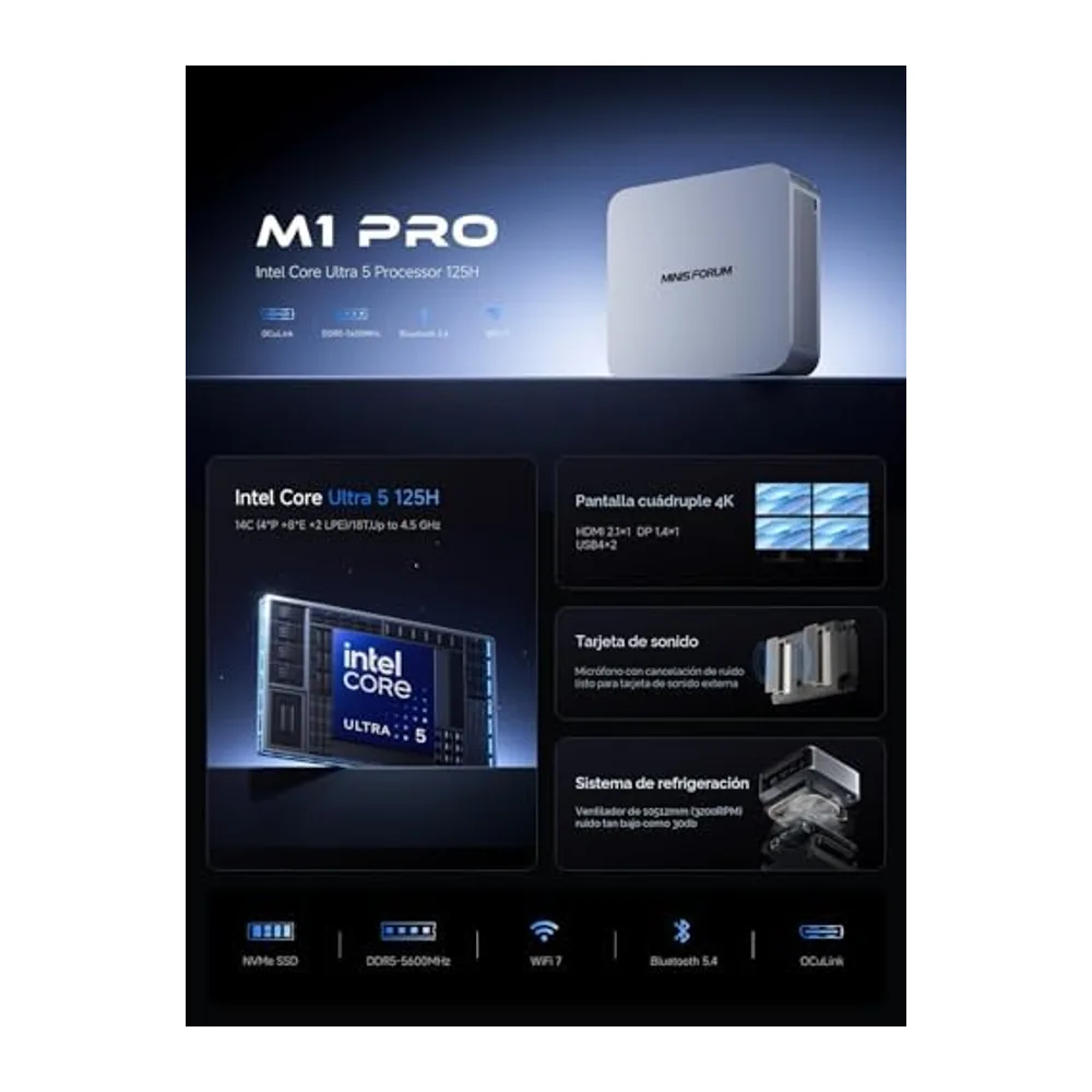 Mini PC MINIS Forum M1 Pro-125H, Intel Core Ultra 5 125H 32 GB de RAM DDR5 1 TB de SSD M.2 PCIe4.0, Mini — 5