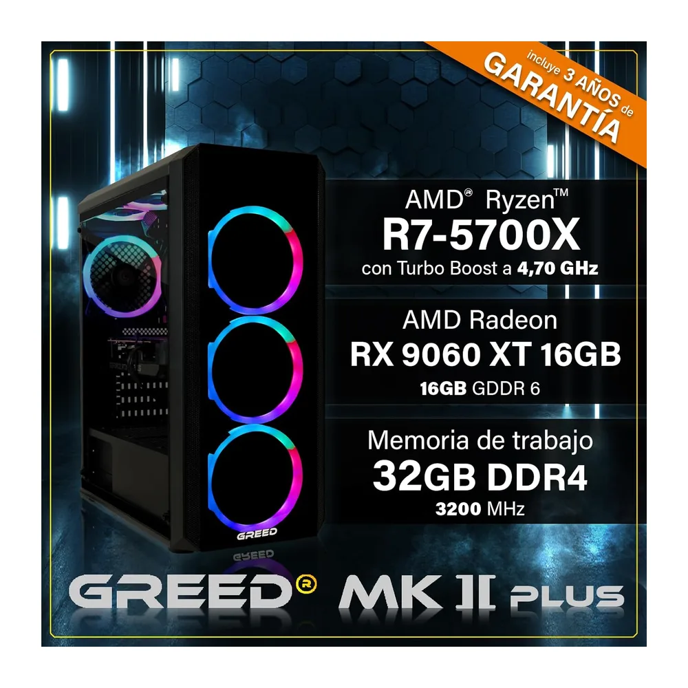 Greed® MK2 Plus - High End Gaming PC - AMD Ryzen 7 5700X + RX 9060 XT 16 GB - Ordenador de sobremesa a 4K & — 3