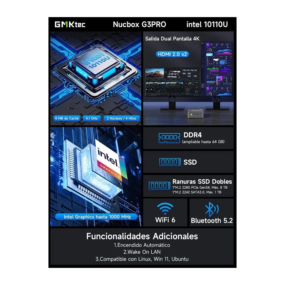 GMKtec G3 Pro Mini PC, 16 GB RAM 256 GB SSD M.2 Intel i3-10110U 4,1 GHz Mini Ordenador de Escritorio con — 2