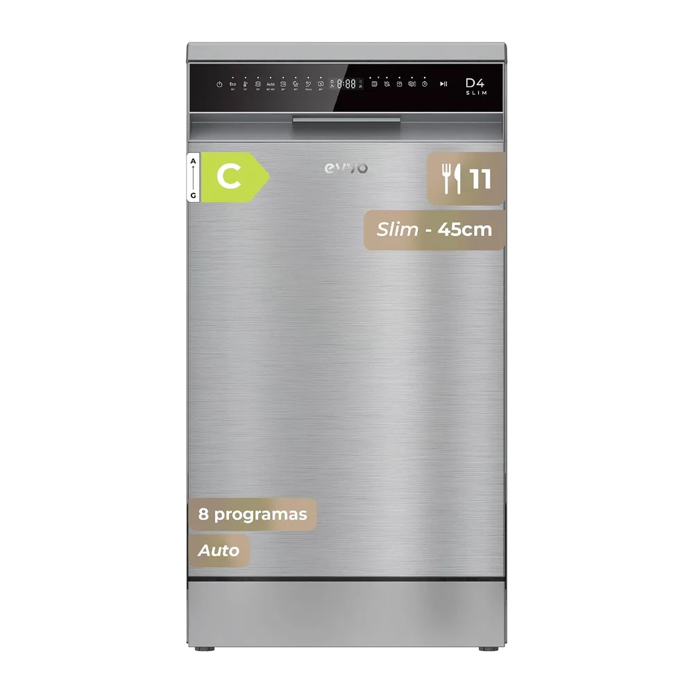 EVVO Lavavajillas D4 Slim 45 cm - Lavaplatos Libre Instalación, 11 Cubiertos, Eficiencia Clase C, 8 Programas