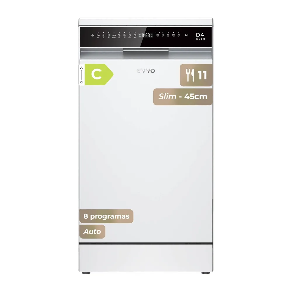 EVVO Lavavajillas D4 Slim 45 cm - Lavaplatos Libre Instalación, 11 Cubiertos, Eficiencia Clase C, 8 Programas