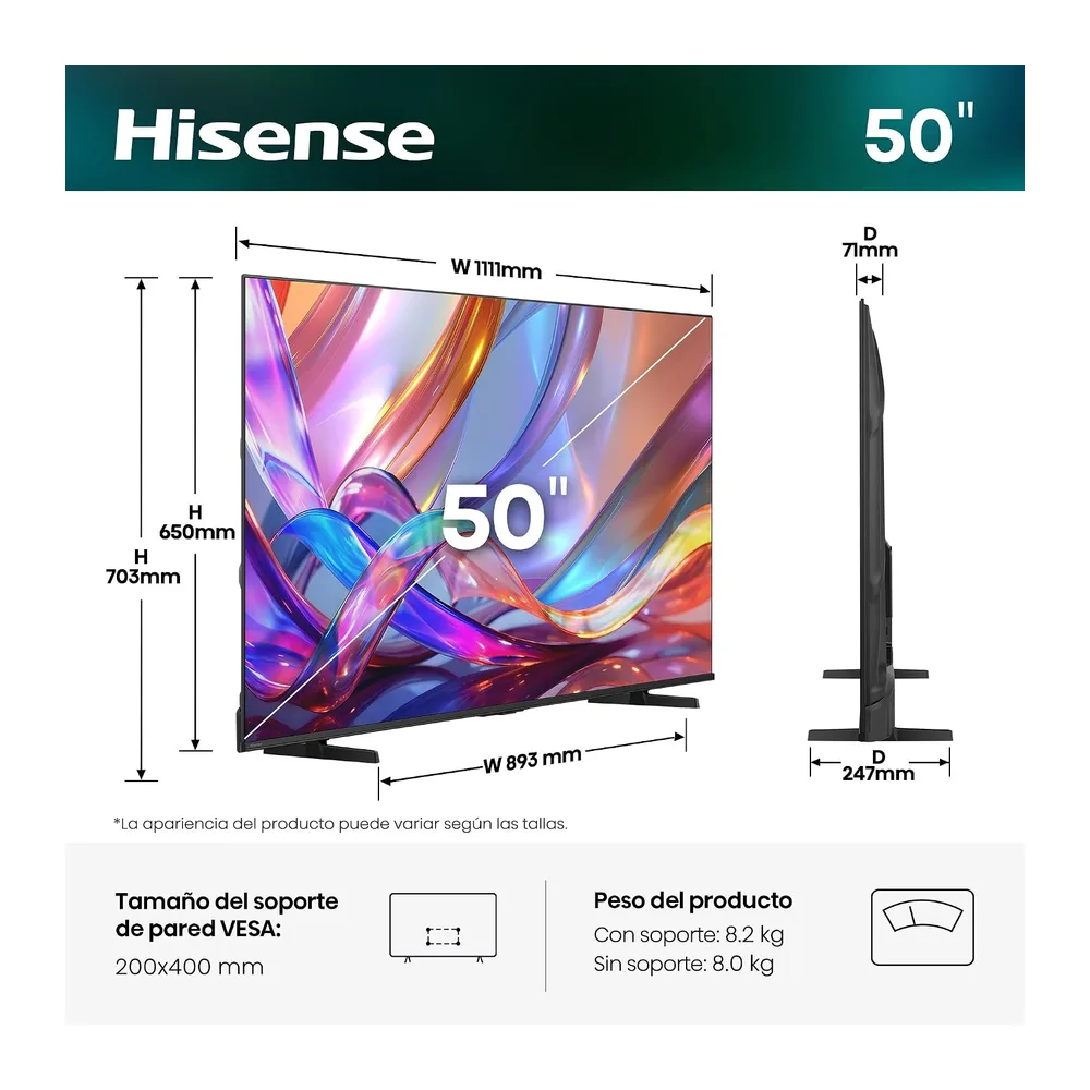 Hisense 50E7S - Hi-QLED Smart TV 50 Pulgadas, Hi-QLED Color, Dolby Vision.Atmos, Escalador IA 4K, Smooth — 2