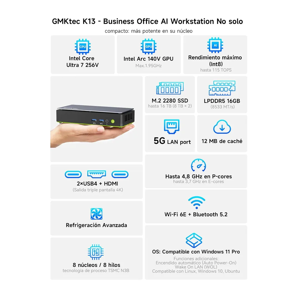 GMKtec K13 Mini PC con Intel AI Ultra 7 256V (hasta 4,8 GHz) — 2