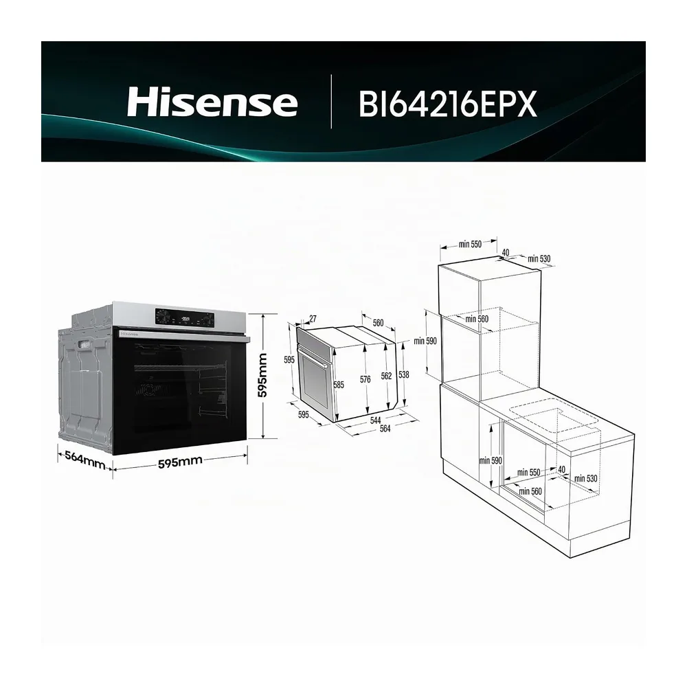 Hisense BI64216EPX - Horno Multifunción Pirolítico, Clase A++, 78L, Fondo 57cm, Guía Telescópica, — 2