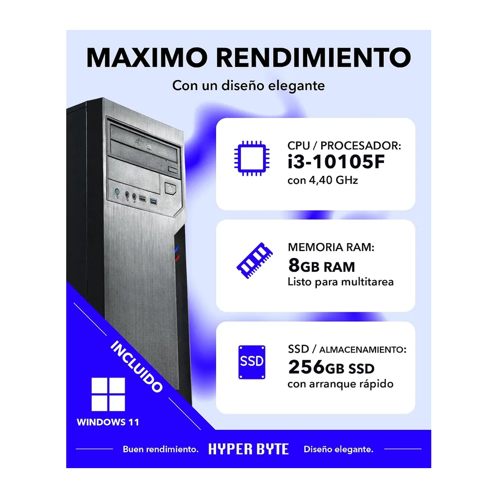 HYPER BYTE® Multi Office PC - Ordenador de Gama Alta con procesador Intel Core i3 a NVIDIA GT730 4,5 GHz - 8 — 2