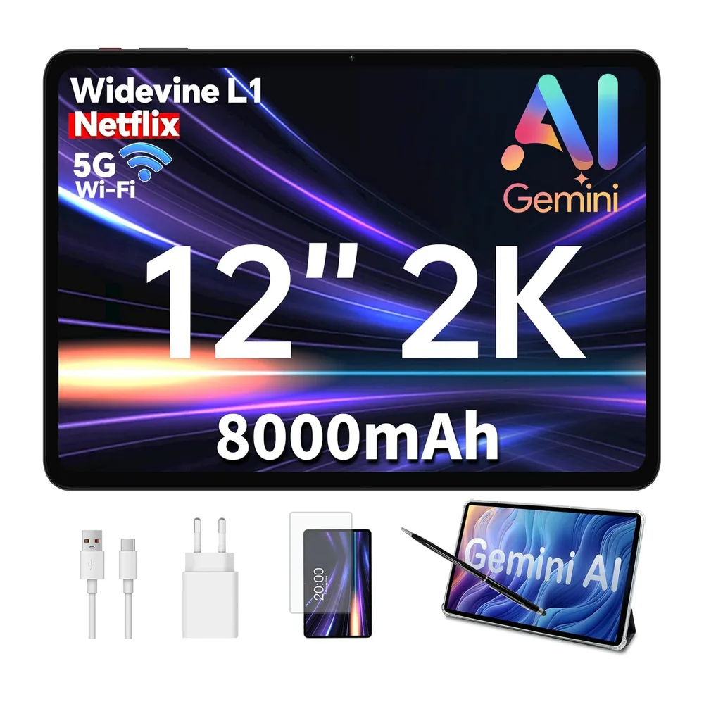 ODEA A12 Tablet 12 Pulgadas, Pantalla 2K, 2000X1200, 8000 mAh, Gemini AI, Widevine L1,12GB RAM + 128GB ROM,