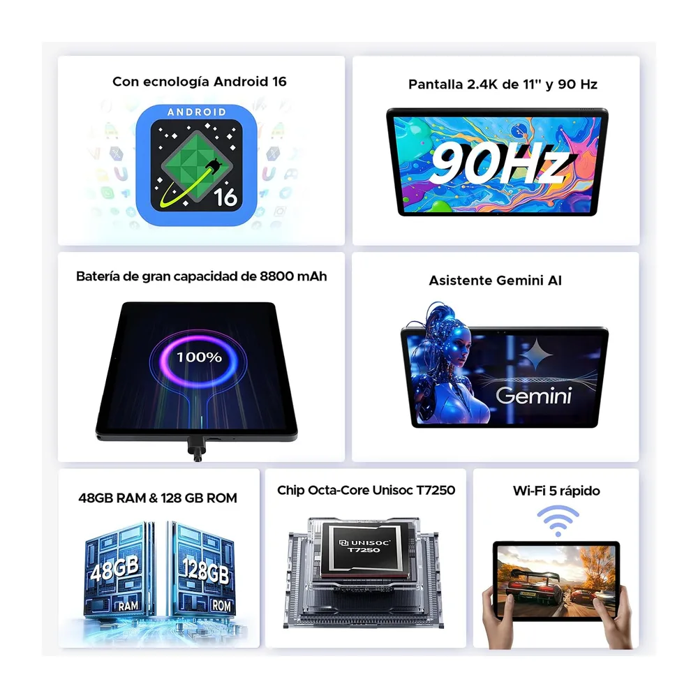 P11 Pro Tablet Android, Tablets 11 Pulgadas, 48GB RAM+128GB ROM, Tablets Android 16 con Gemini AI, 2.4K 90Hz, — 2