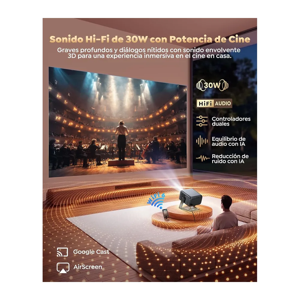 Proyector 4K【Google TV/30W Altavoz/360°Rotable】1200ANSI Proyector Portatil con oficial App,Voice — 5