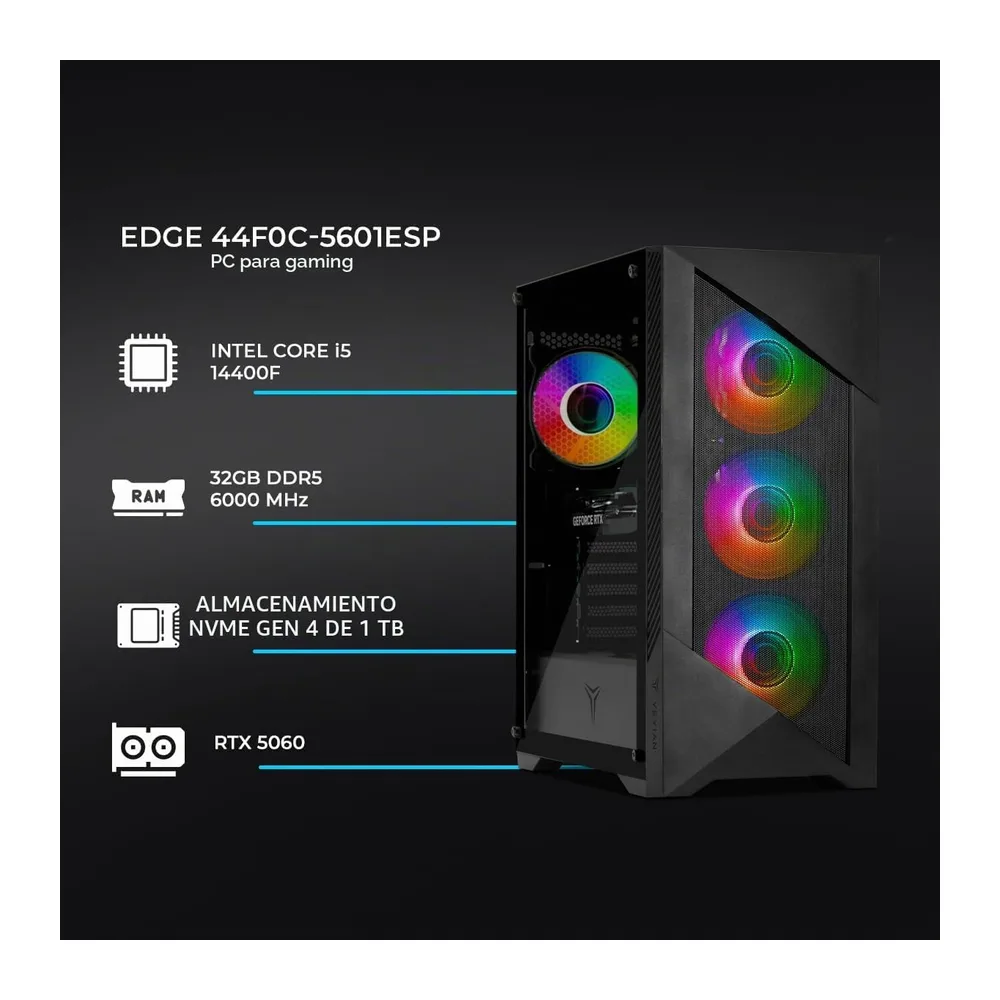 YEYIAN Gaming PC Edge | Intel i5-14400F 10-Core (4.7GHz OC) | NVIDIA RTX 5060 8GB GDDR7 | 32GB (2x16) DDR5 — 2
