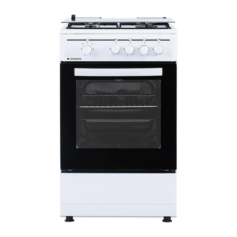 Aspes Cocina Gas Butano, 4 Zonas de Cocción, Horno 55L, Blanco, AKG4501. Control Manual, 2 Programas de