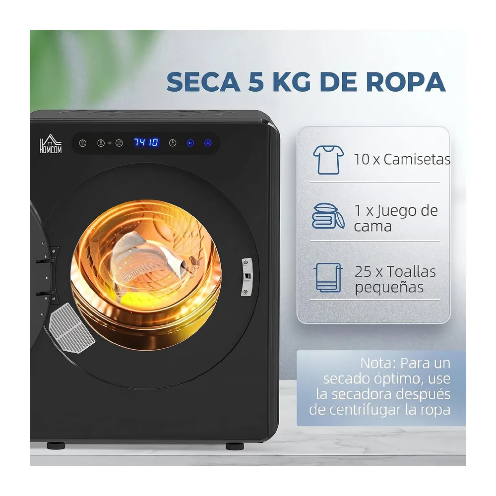 HOMCOM Secadora de Evacuación 5 KG Secadora de Ropa 1000W Táctil Negro [Clase de eficiencia energética G] — 4