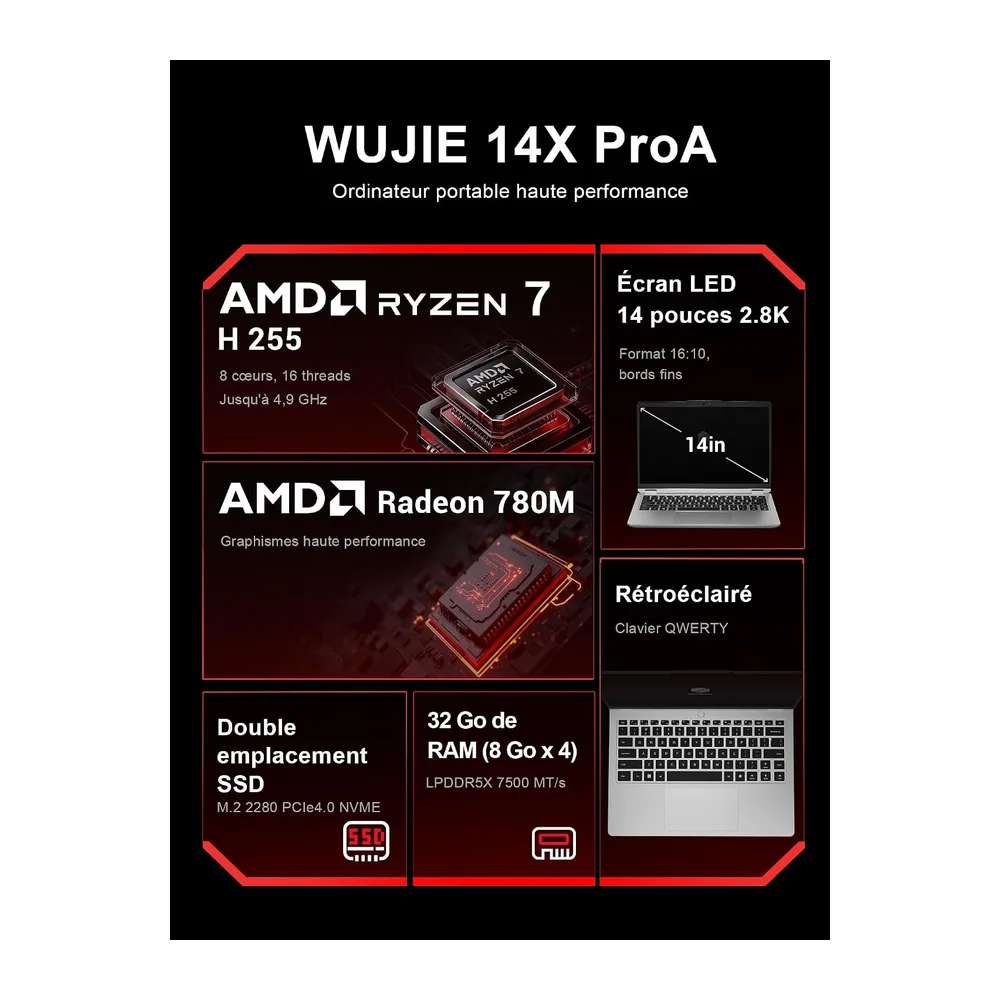 FIREBAT WUJIE 14X Pro, Portátil 14" QHD+ 120Hz, AMD Ryzen 7 H255 8C/16T 4,9 GHz, 32Go LPDDR4 RAM 1To SSD, — 3