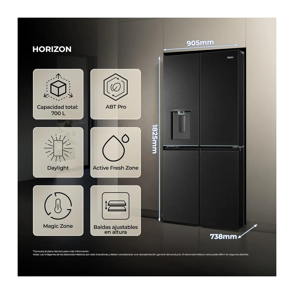 Haier Horizon Collection HCR79F18CHMB - Frigorífico Americano 700L, 4 Puertas, Dispensador Agua, — 4