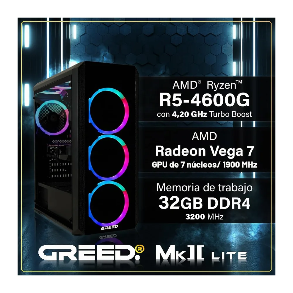 Greed®Mk2 Lite - 4K High End Gaming PC Raytracing - AMD Ryzen 5 4600G + Radeon Vega 7 4,2 GHz Ultra-rápido — 3