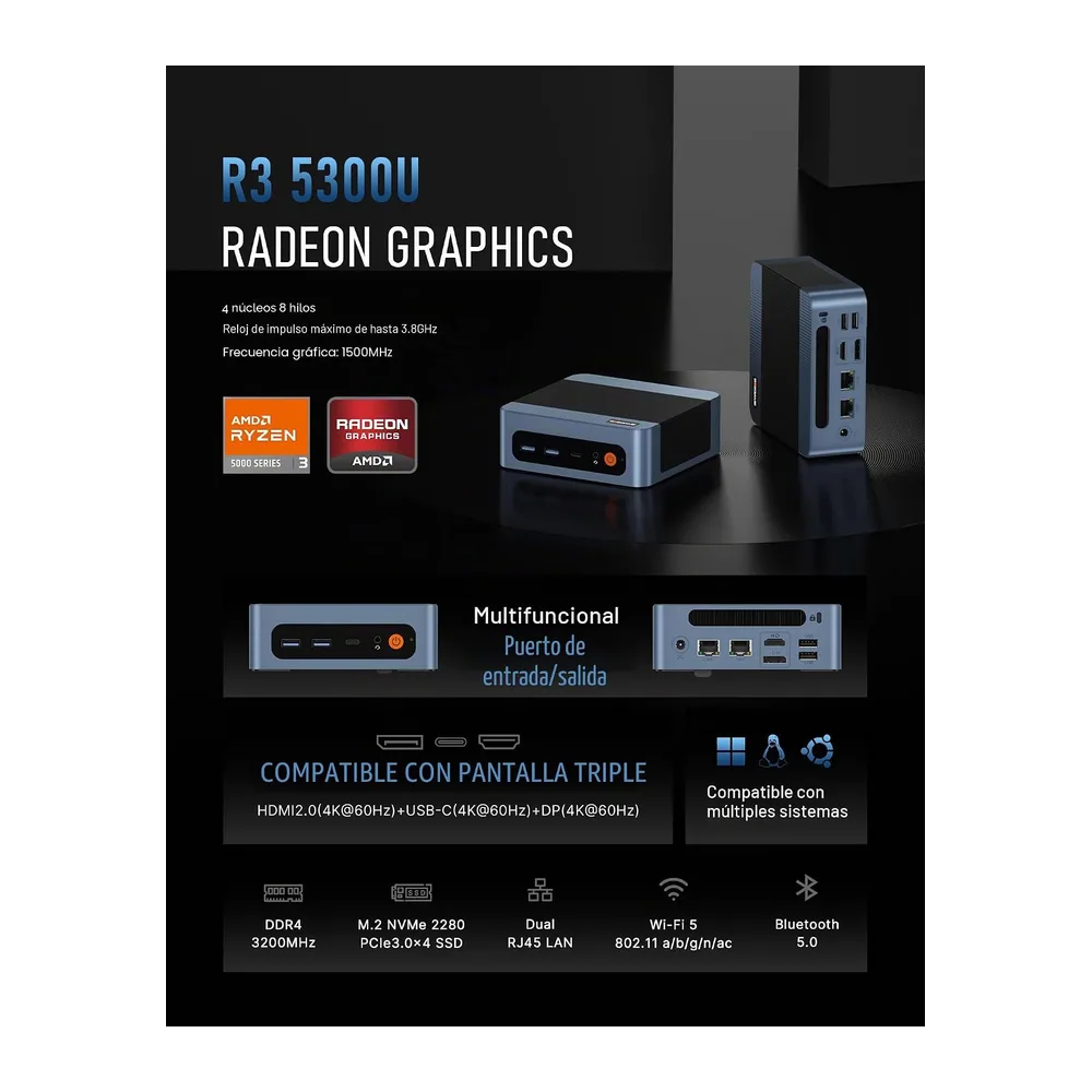 BOSGAME E5 Mini PC para hogar y Oficina, Ryzen 5300U (supera 4300U, hasta 3,8 GHz), 16 GB RAM DDR4, SSD NVMe — 2