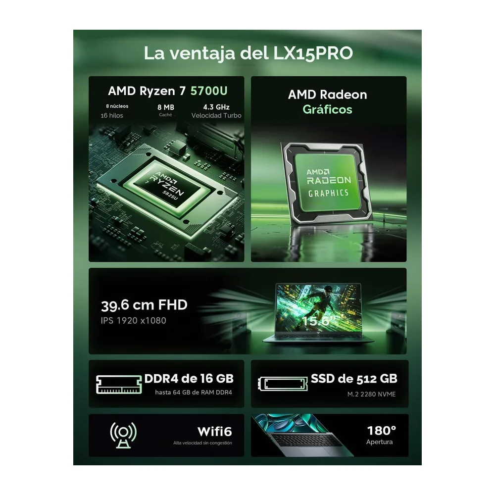 Portátil AMD Ryzen 7 5700U 15,6 Pulgadas 16GB DDR4 512GB NVMe SSD — 5