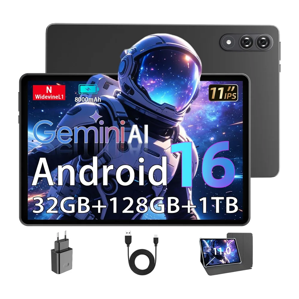 Tablet 11 pulgadas, Android 16 Tablets con Funda, 32GB RAM (8+24) 128GB, Octa-Core T7250, 1TB Ampliable,
