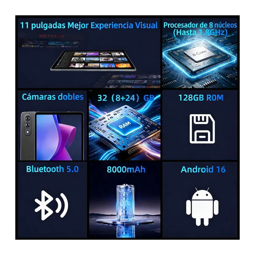 Tablet 11 pulgadas, Android 16 Tablets con Funda, 32GB RAM (8+24) 128GB, Octa-Core T7250, 1TB Ampliable, — 2