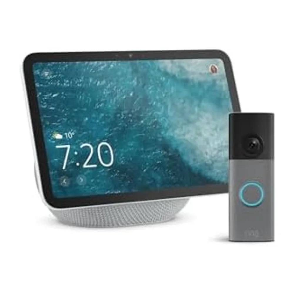 Amazon Echo Show 8 (última generación), Blanco + Ring Videotimbre con batería (última gen.), Gris moteado, ve