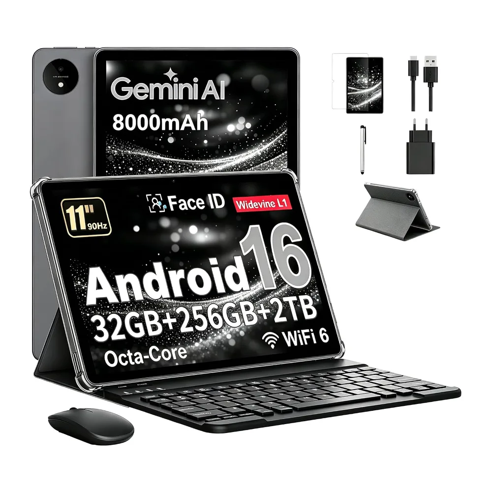 Tableta 11 Pulgadas en Gemini AI, Tableta Android 16 en Funda, Teclado & Ratón, Octa-Core, 32 GB RAM + 256 GB