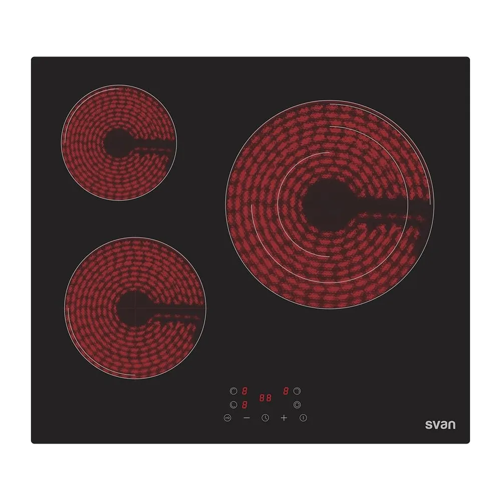 Svan Placa Vitrocerámica Cristal negro, SV3602. 3 Zonas de Cocción, 5700 W, 9 Niveles de Cocción, Control