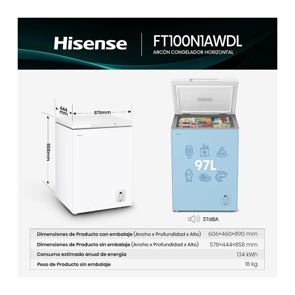 Hisense FT100N1AWDL - Arcón Congelador Horizontal, 97L, 86cm, Congelación 360°, Congelador Convertible, — 2