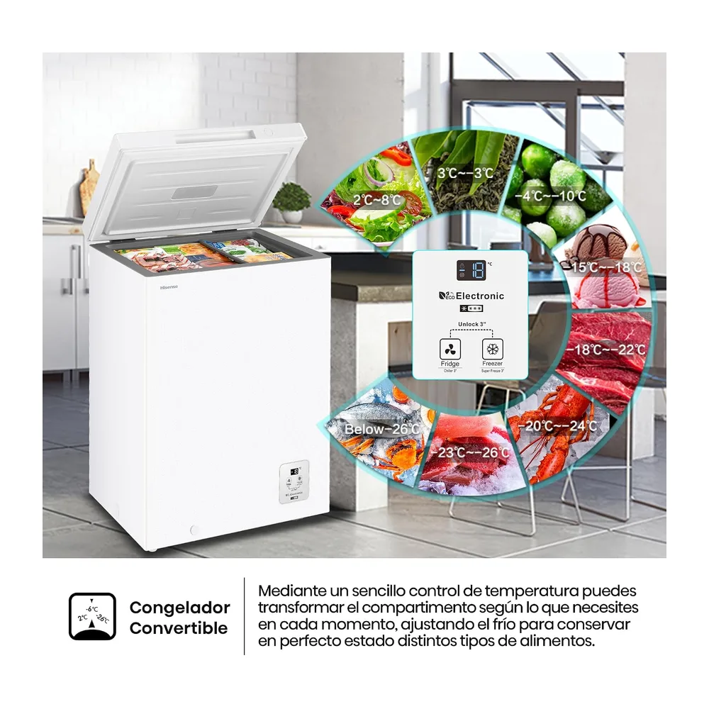 Hisense FT100N1AWDL - Arcón Congelador Horizontal, 97L, 86cm, Congelación 360°, Congelador Convertible, — 6