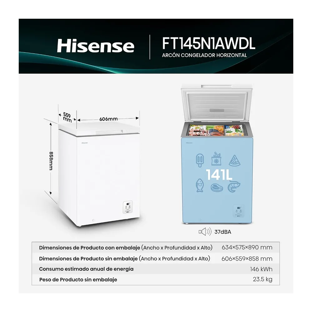Hisense FT145N1AWDL - Arcón Congelador Horizontal, 141L, 86cm, Congelación 360°, Congelador Convertible, — 2