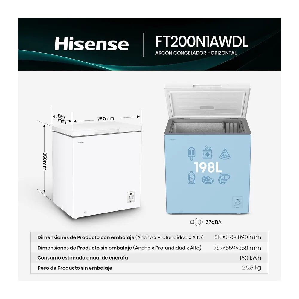 Hisense FT200N1AWDL - Arcón Congelador Horizontal, 198L, 86cm, Congelación 360°, Congelador Convertible, — 2