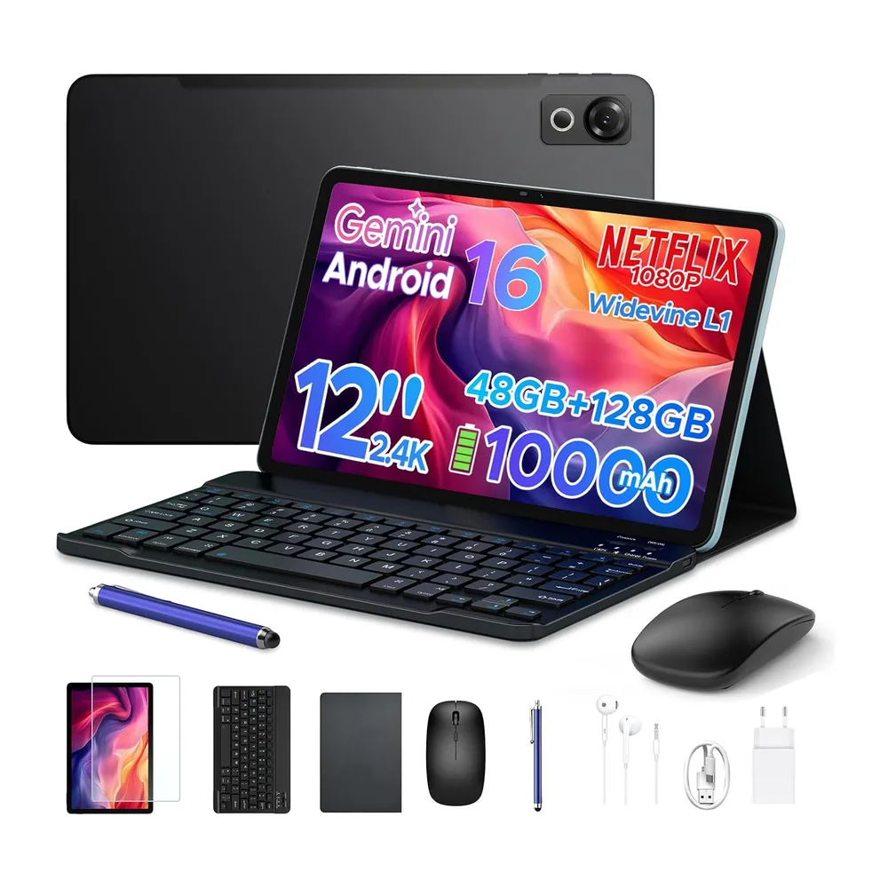 P12 Tablet Android 16, Tablet 12 pulgadas, 48GB RAM+128GB ROM/2 TB TF, IPS 2,4K, Pantalla 120 Hz,