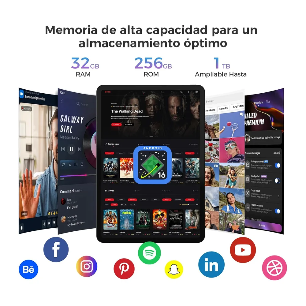 Tablet 12 Pulgadas Android 16, T7300 Octa-Core, 32GB RAM+256GB ROM, 10000 mAh, 2400 * 1600IPS 2.4K,90Hz, — 5