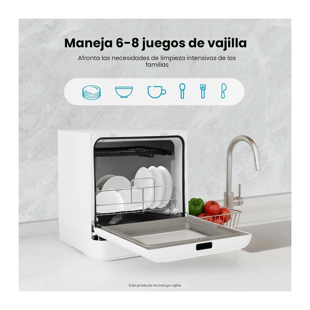 Lavavajillas compacto de mesa, 800 W, 6 L, mini lavavajillas con 6 cubiertas, 4 programas, 72 °C de alta — 6