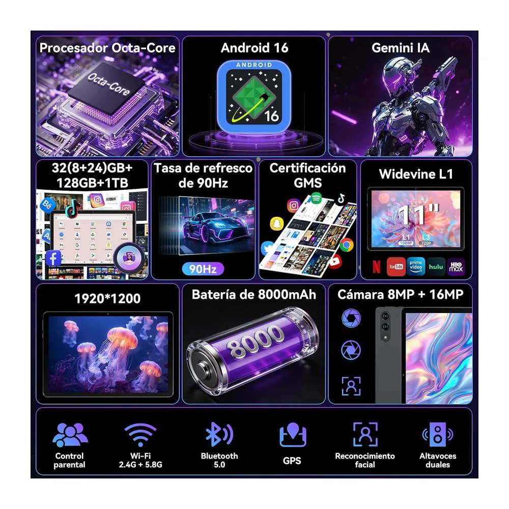 Tableta de 11 pulgadas con teclado｜Android 16 con Gemini AI｜32GB RAM + 128GB ROM (1TB TF) — 2