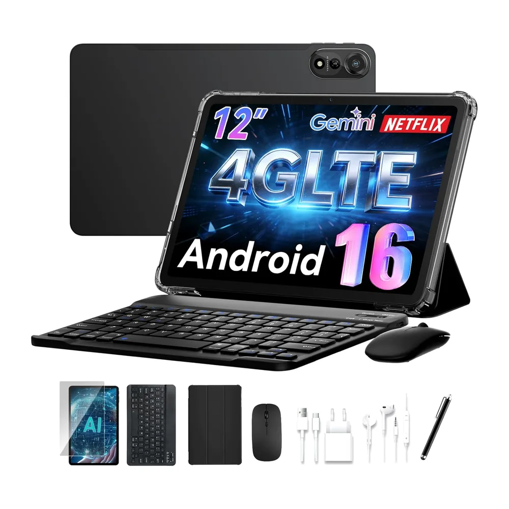 2026 Android 16 Tableta,12 Pulgadas Tablet con Teclado 4G LTE+5G WiFi,120Hz
