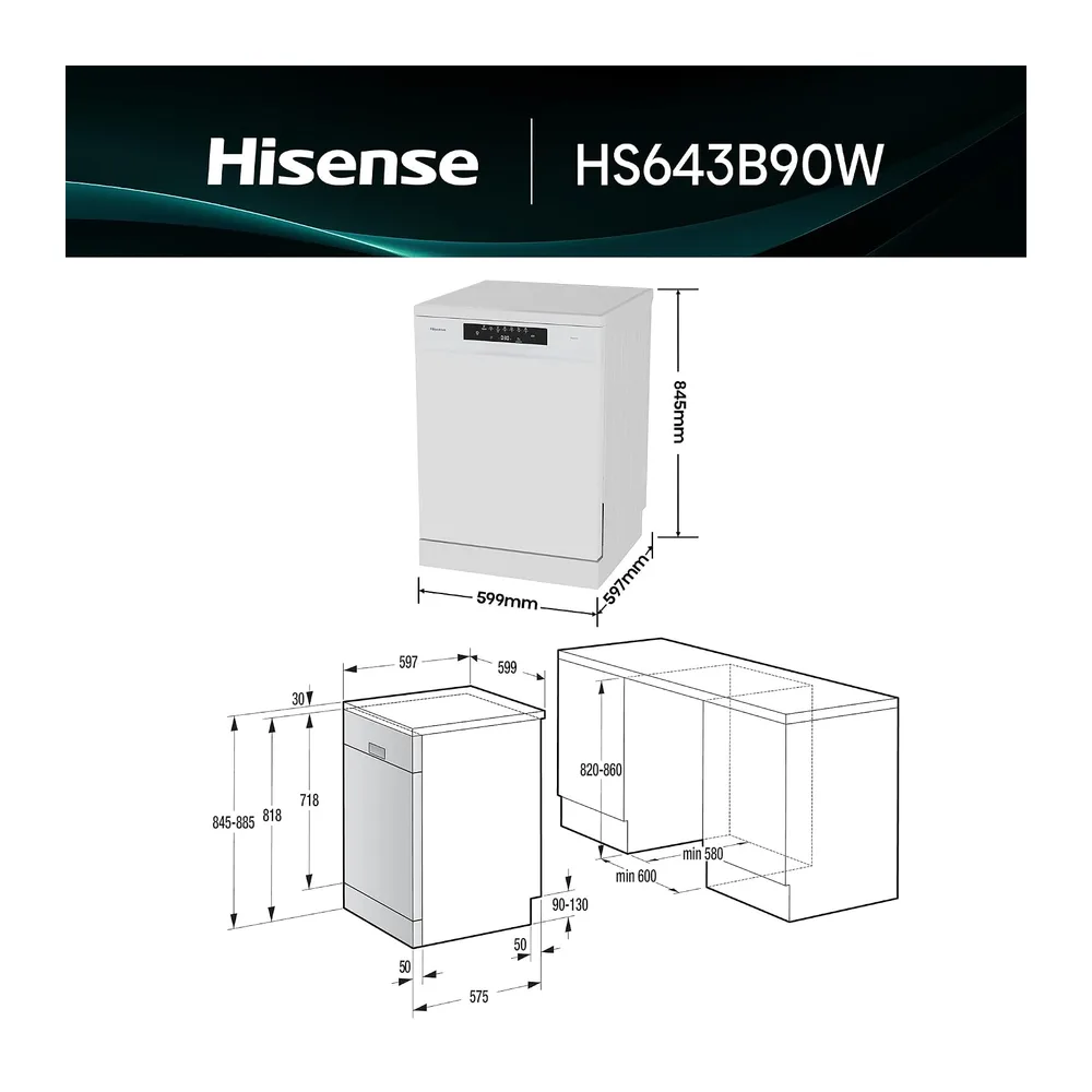 Hisense HS643B90W - Lavavajillas Clase B, 15 Servicios, Fondo 60cm, Secado Extra, Programa Automático, — 2