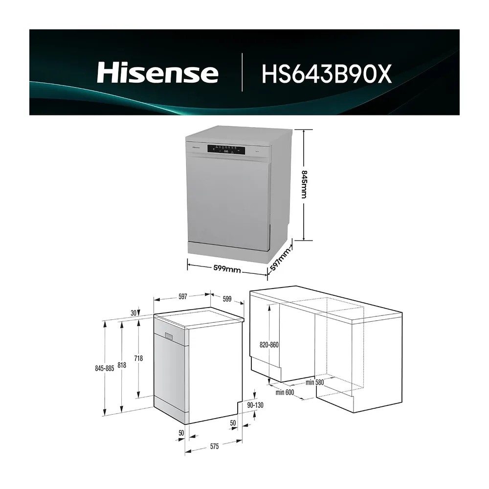 Hisense HS643B90X - Lavavajillas Clase B, 15 Servicios, Fondo 60cm, Secado Extra, Programa Automático, — 2