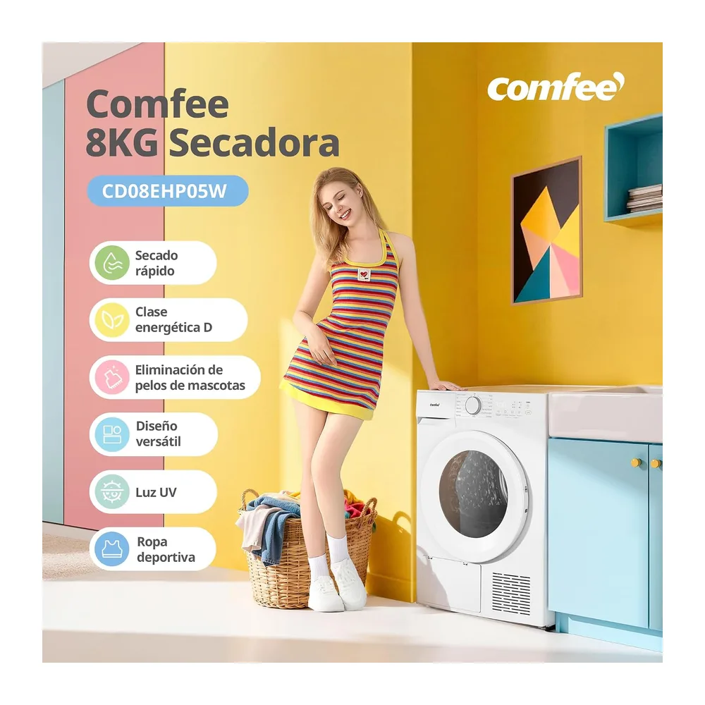 COMFEE' Secadora Bomba de Calor, 8KG, Clase D, Secado rápido, CD08EHP05W [Clase de eficiencia energética D] — 2