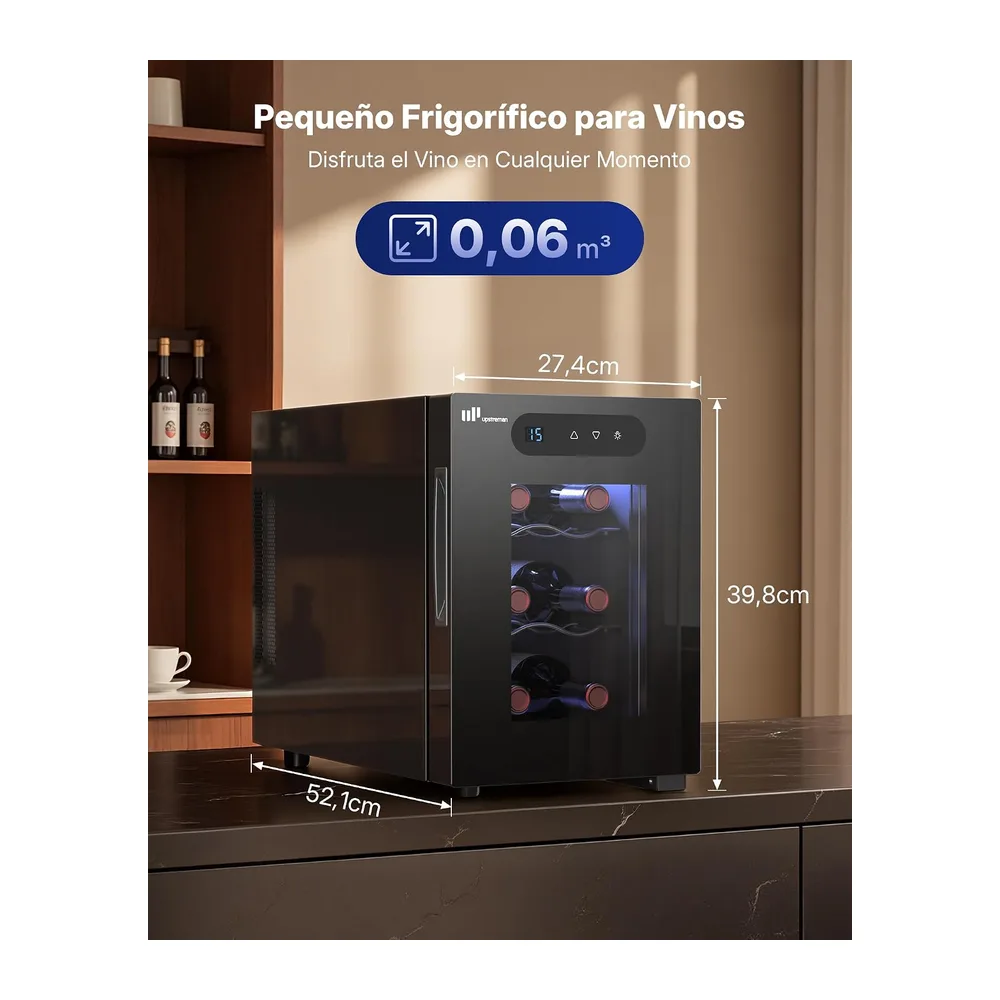 Upstreman Vinoteca para 6 botellas, 5-18 °C ajustable, pantalla táctil digital, silenciosa, doble cristal — 2