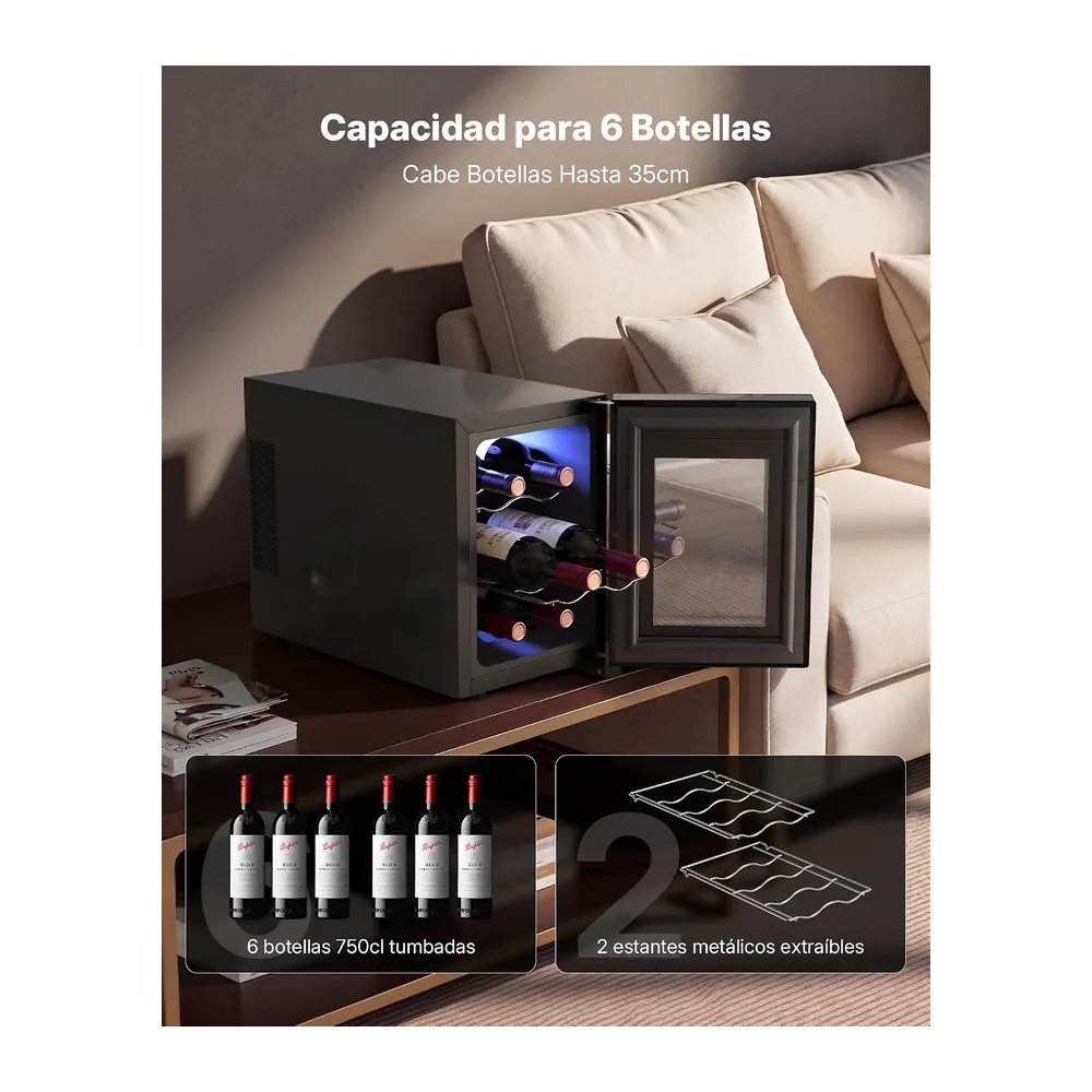 Upstreman Vinoteca para 6 botellas, 5-18 °C ajustable, pantalla táctil digital, silenciosa, doble cristal — 3